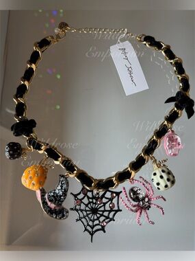 Betsey Johnson Necklace Halloween Crystal Cat Spider Webb Charm